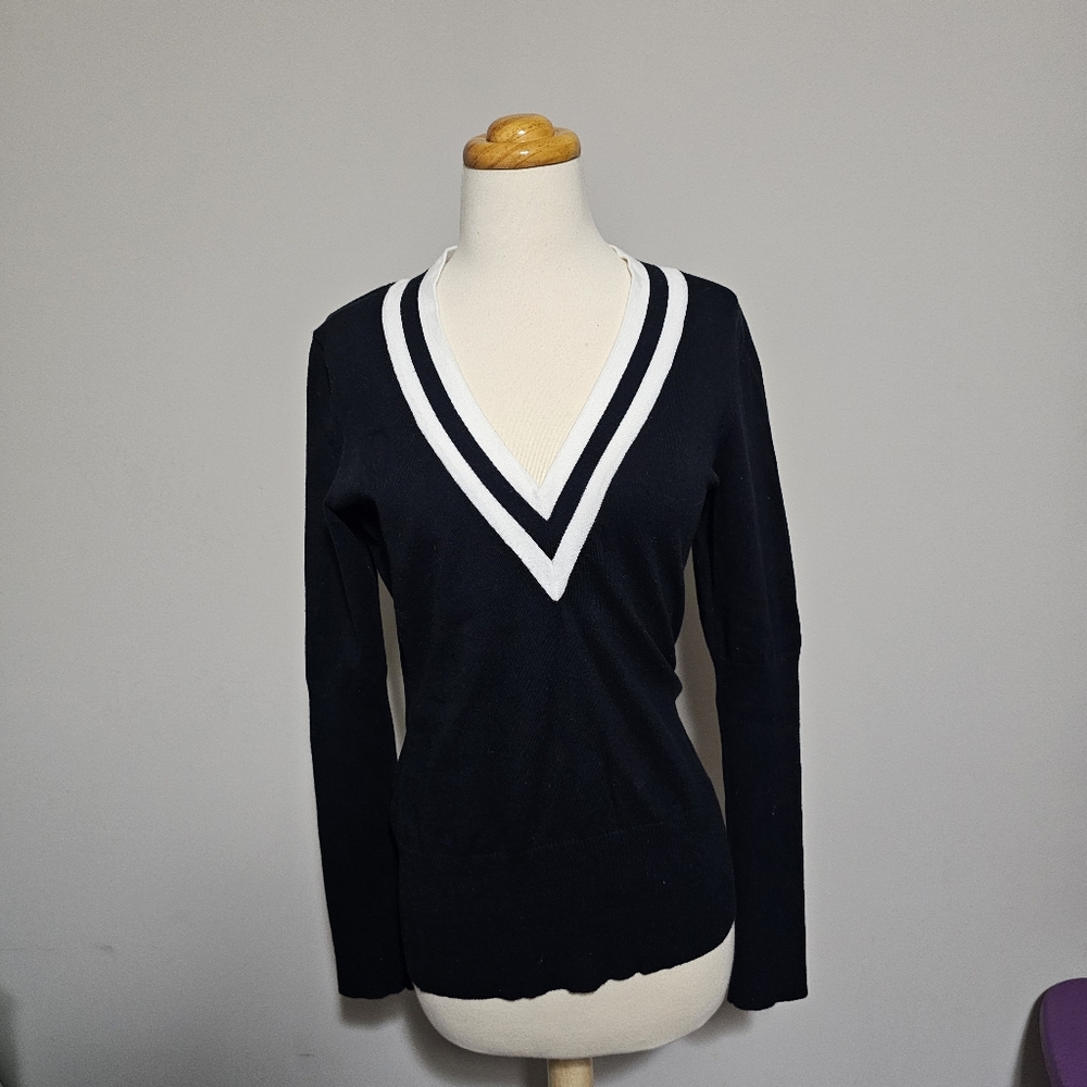 Boston Proper Black V-Neck Varsity Sweater - Size M​
